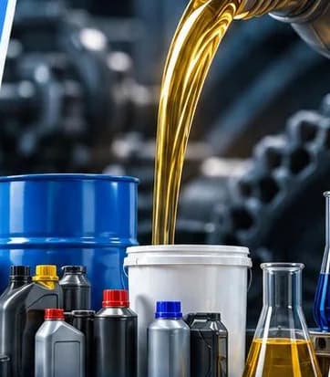 Pelumas industri dituangkan bersama drum dan botol bahan kimia